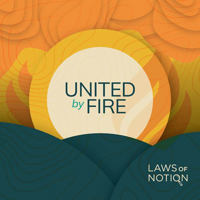 Cover art for podcast united by Fire with gold and orange circles, and icons of flame in the background.