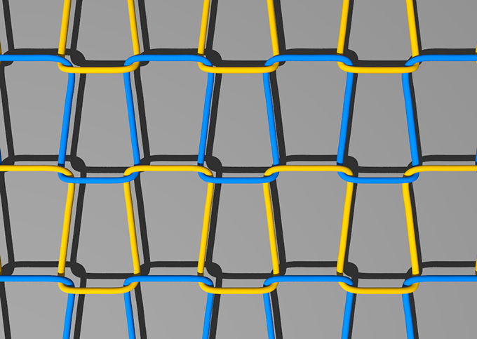 Blue and yellow strands in a knitting are shown as animated lines against a gray background